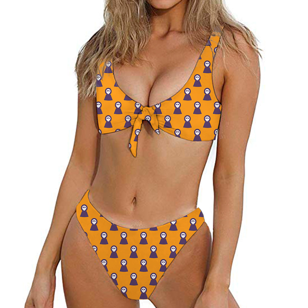 Halloween Grim Reaper Pattern Print Front Bow Tie Bikini