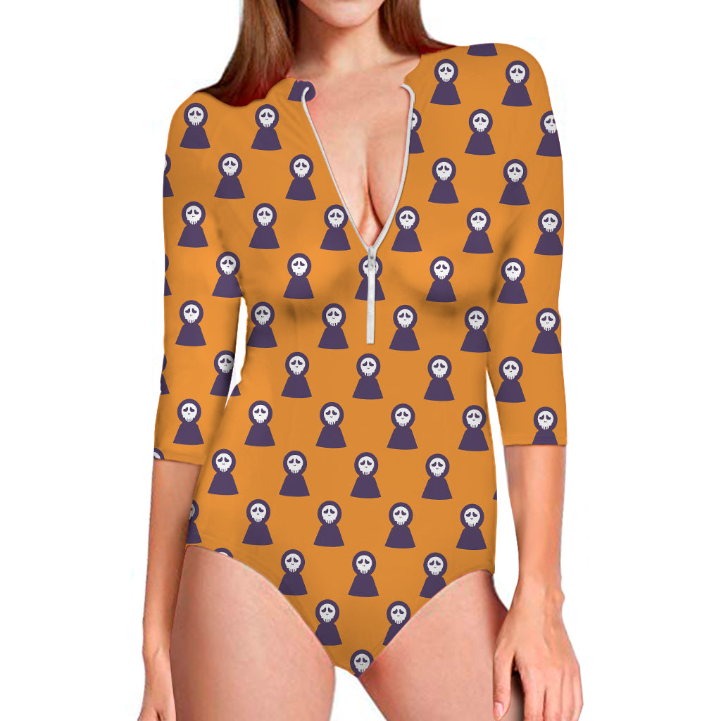 Halloween Grim Reaper Pattern Print Long Sleeve One Piece Swimsuit