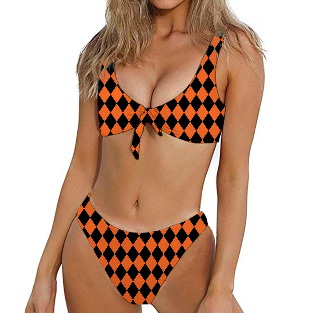 Halloween Harlequin Pattern Print Front Bow Tie Bikini