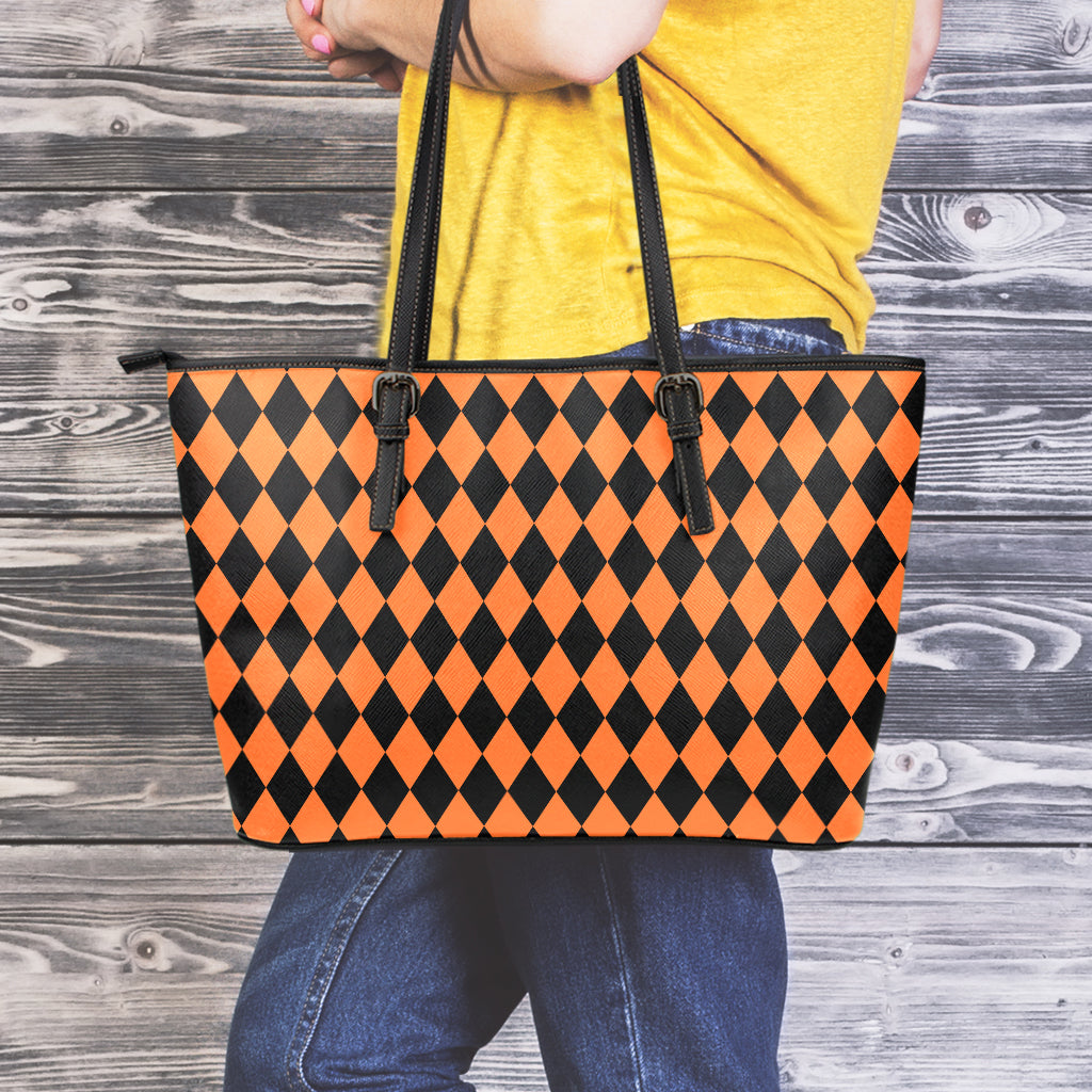 Halloween Harlequin Pattern Print Leather Tote Bag