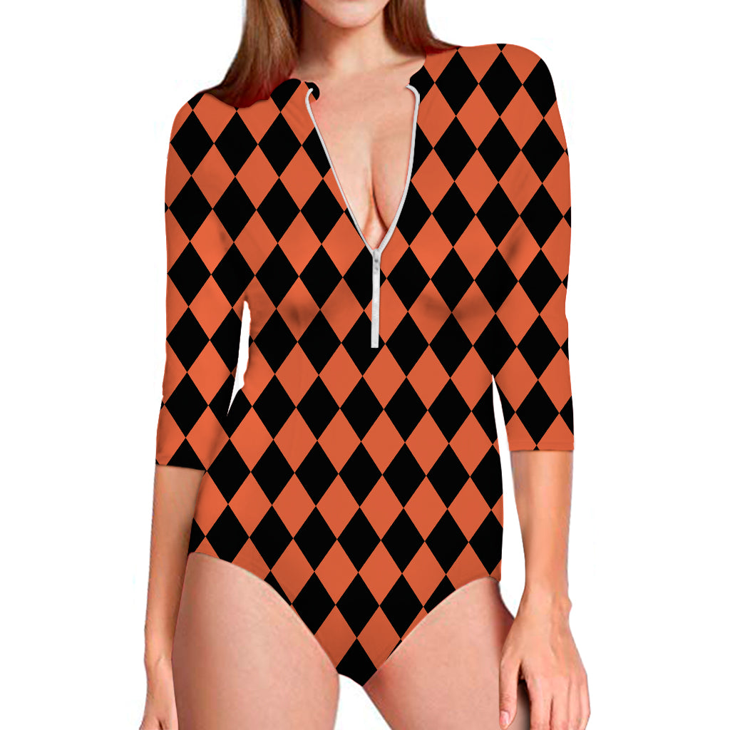 Halloween Harlequin Pattern Print Long Sleeve One Piece Swimsuit