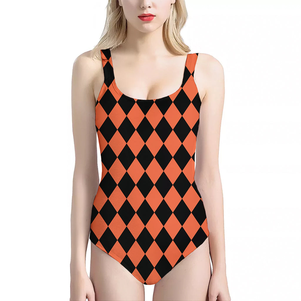 Halloween Harlequin Pattern Print One Piece Halter Neck Swimsuit