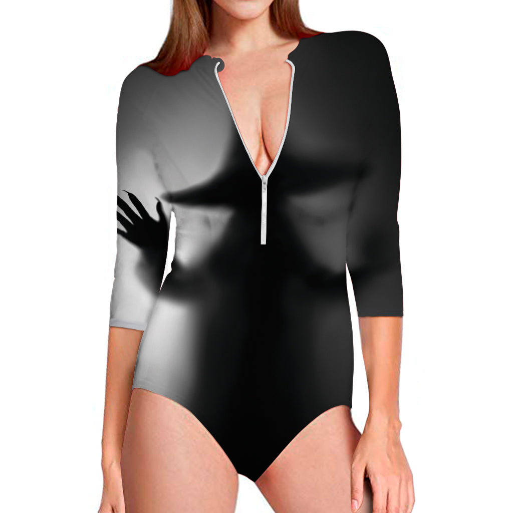 Halloween Horror Witch Print Long Sleeve One Piece Swimsuit