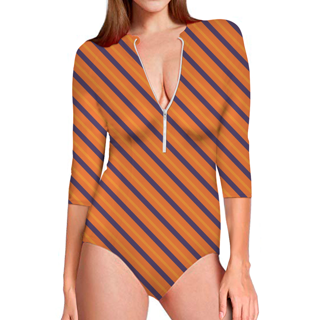 Halloween Line Pattern Print Long Sleeve One Piece Swimsuit