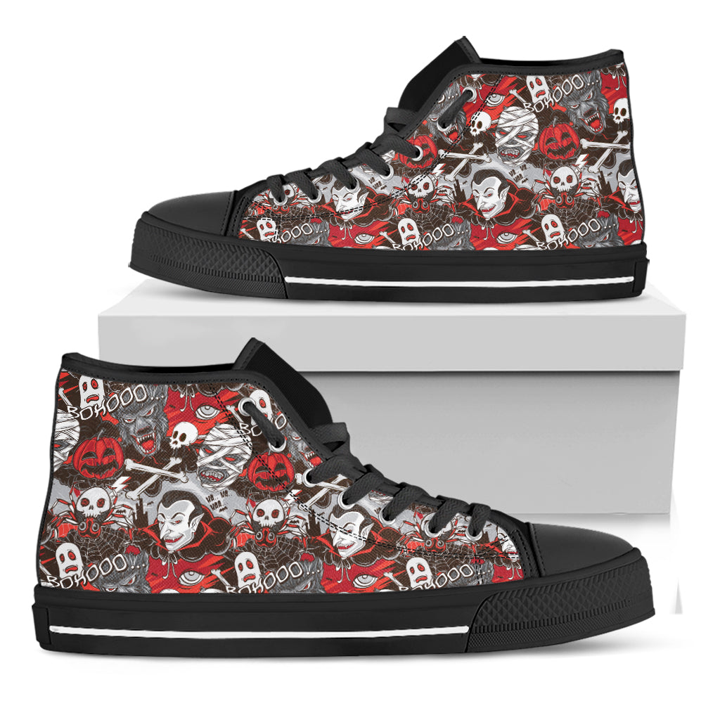 Halloween Monsters Pattern Print Black High Top Shoes