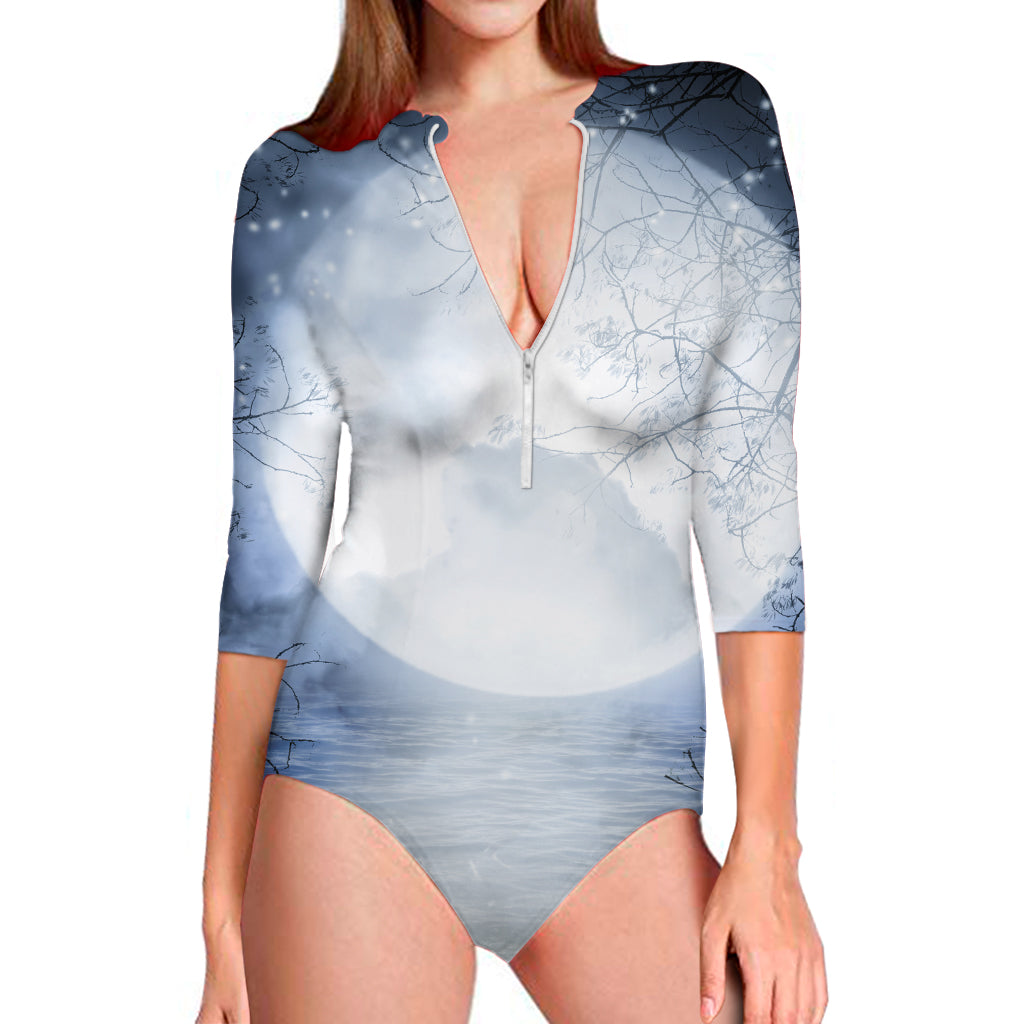 Halloween Moonlight Print Long Sleeve One Piece Swimsuit