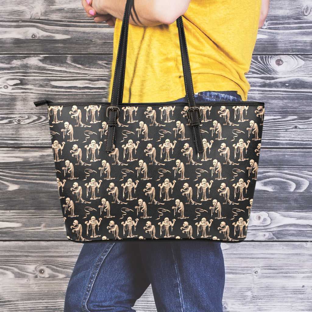 Halloween Mummy Pattern Print Leather Tote Bag