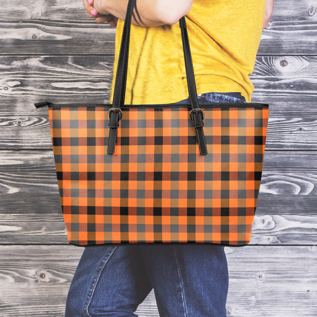 Halloween Orange Buffalo Check Print Leather Tote Bag