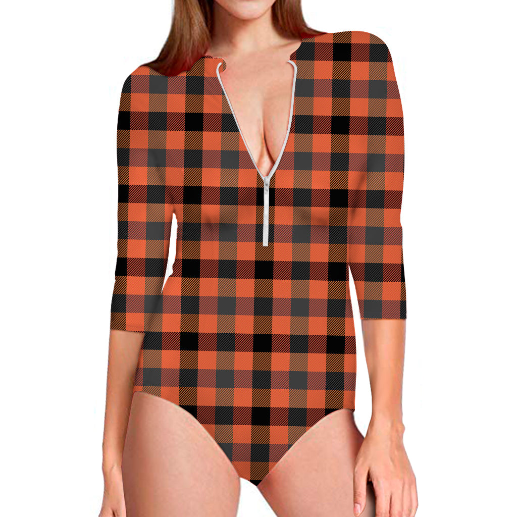 Halloween Orange Buffalo Check Print Long Sleeve One Piece Swimsuit