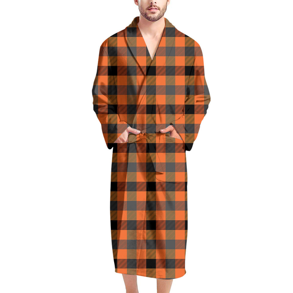 Halloween Orange Buffalo Check Print Men's Bathrobe