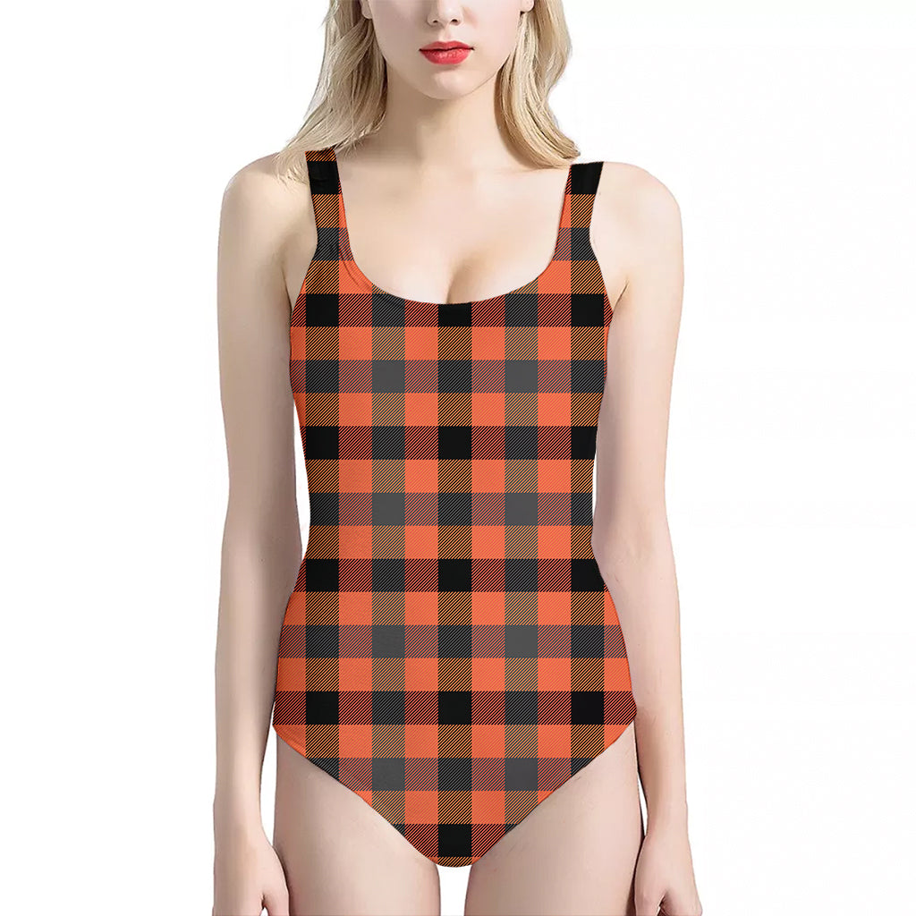 Halloween Orange Buffalo Check Print One Piece Halter Neck Swimsuit