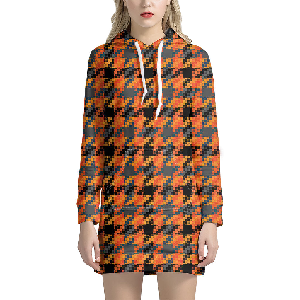 Halloween Orange Buffalo Check Print Women's Pullover Hoodie Dress