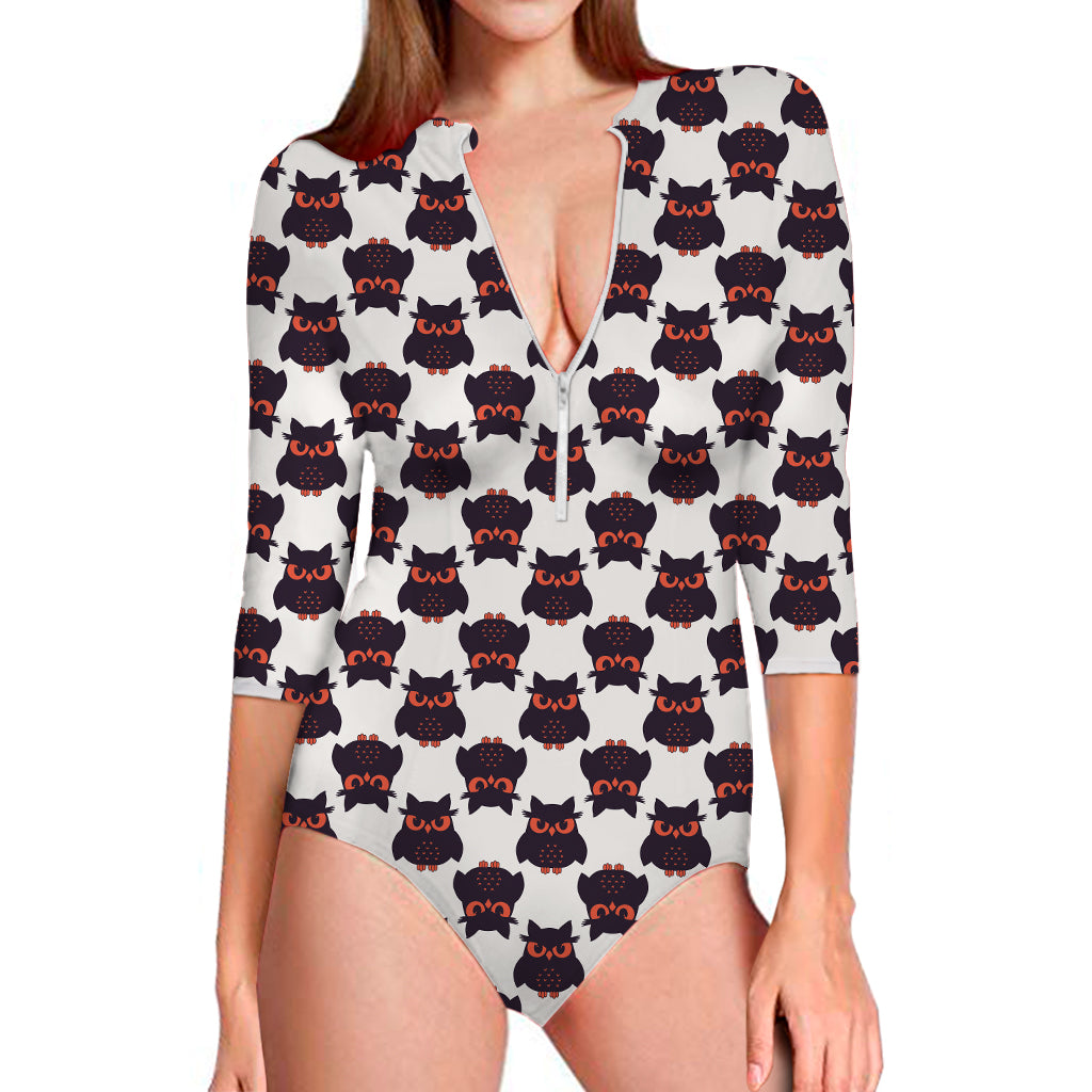 Halloween Owl Pattern Print Long Sleeve One Piece Swimsuit