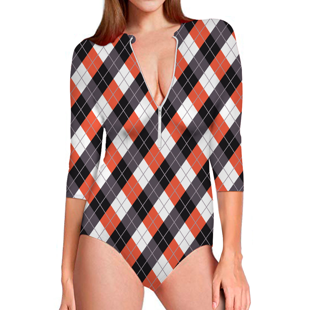 Halloween Party Argyle Pattern Print Long Sleeve One Piece Swimsuit