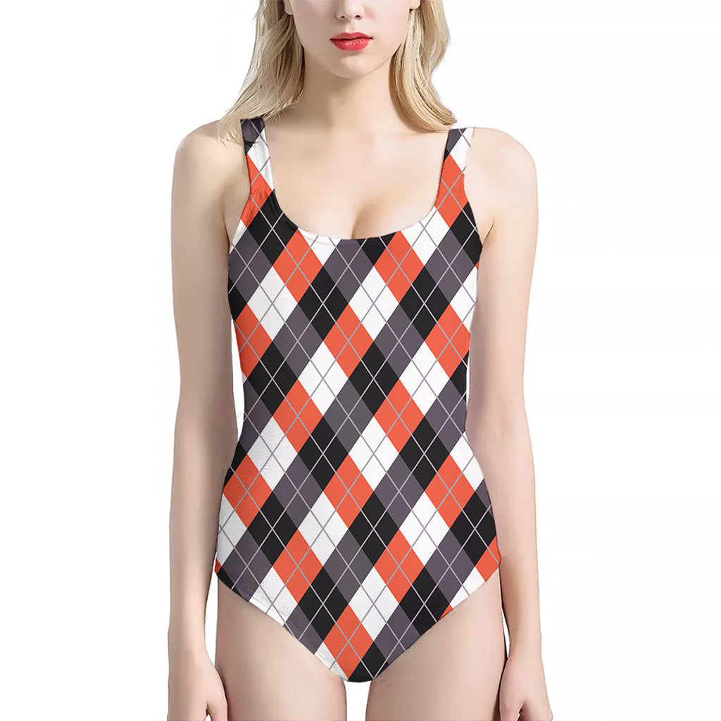 Halloween Party Argyle Pattern Print One Piece Halter Neck Swimsuit