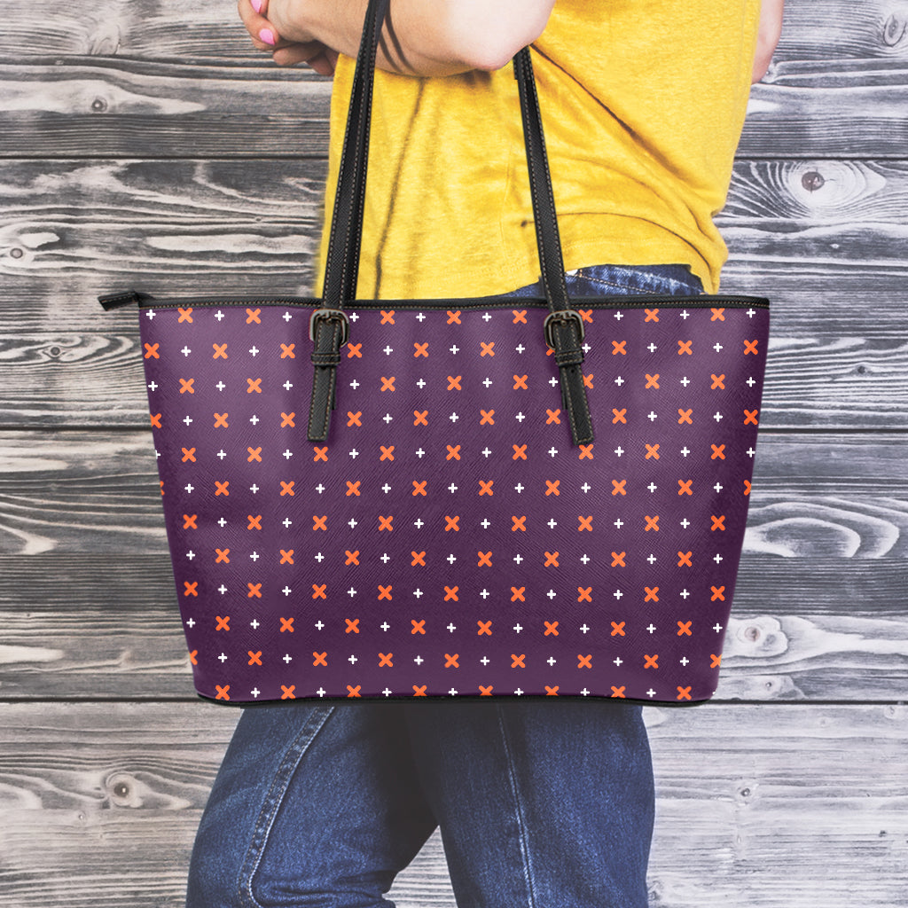 Halloween Plus And Cross Pattern Print Leather Tote Bag