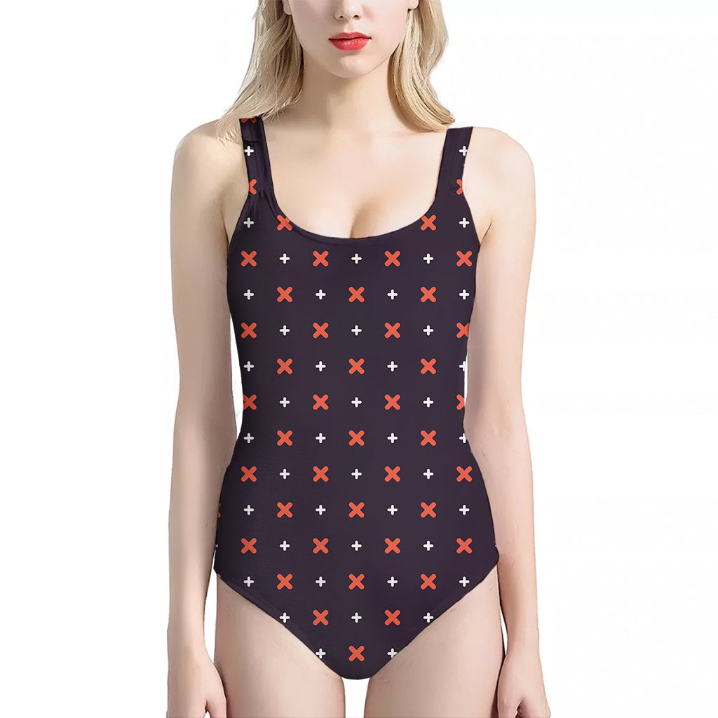 Halloween Plus And Cross Pattern Print One Piece Halter Neck Swimsuit