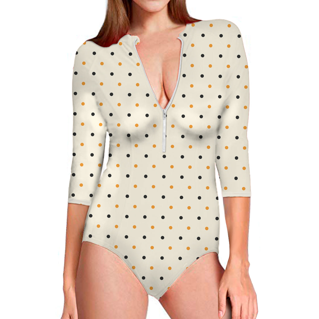 Halloween Polka Dot Pattern Print Long Sleeve One Piece Swimsuit