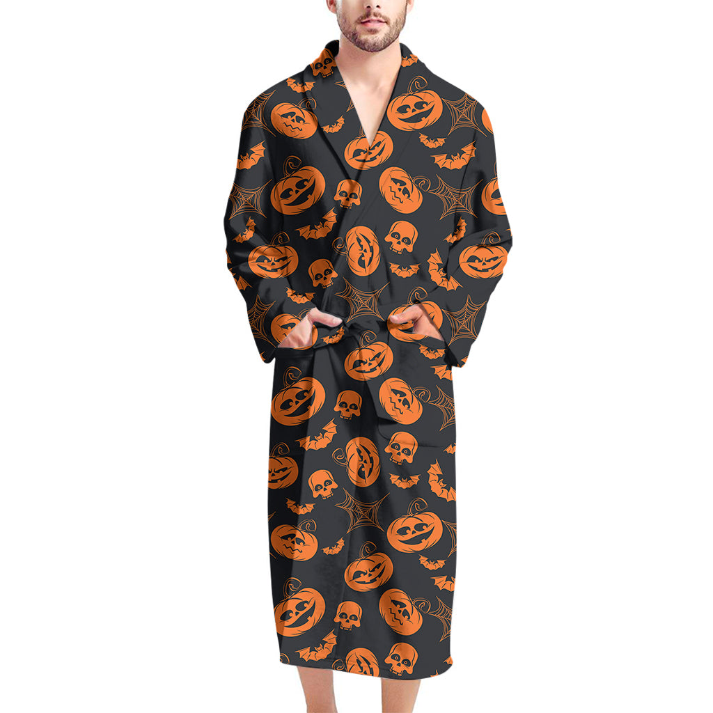 Halloween Pumpkin And Bat Pattern Print Men's Bathrobe