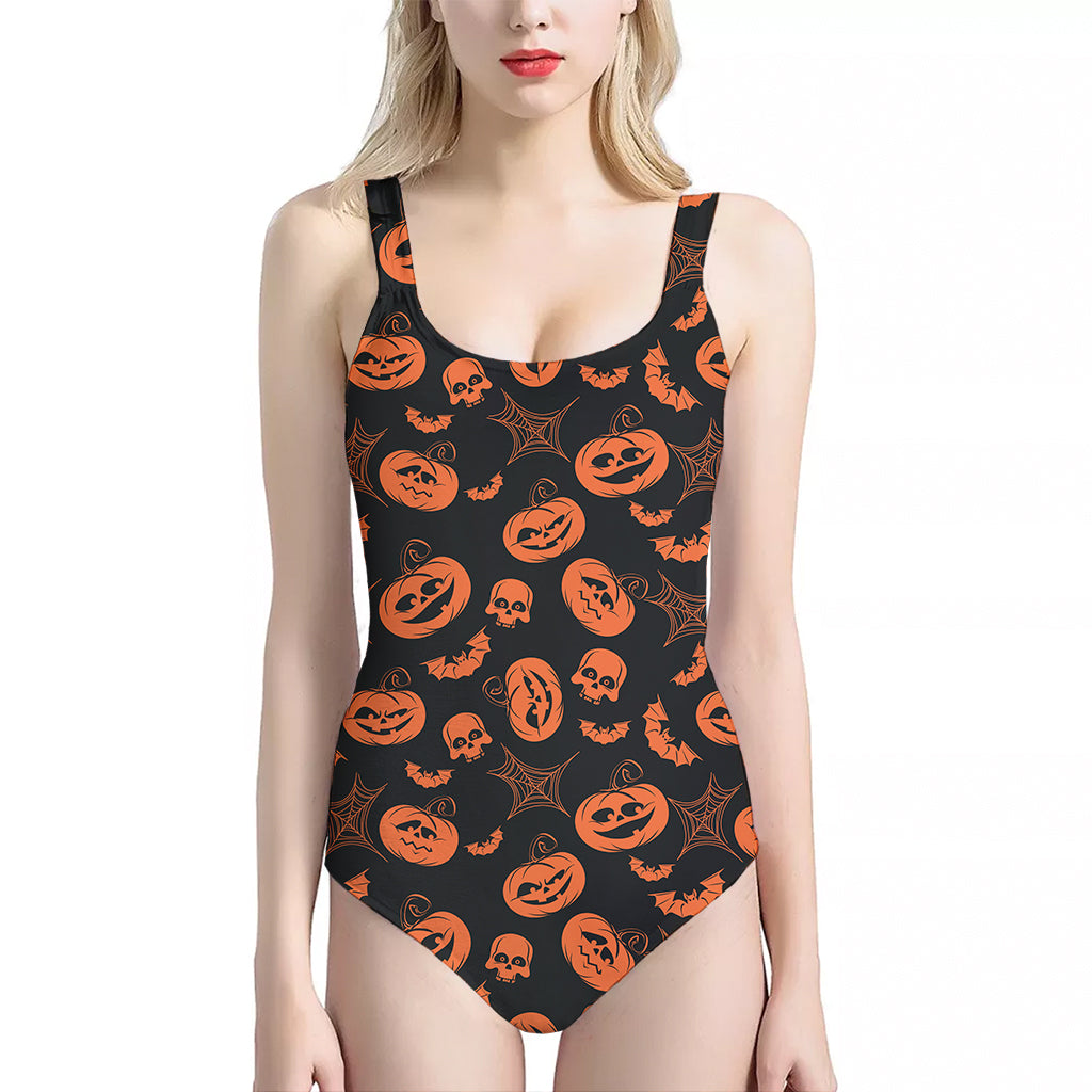 Halloween Pumpkin And Bat Pattern Print One Piece Halter Neck Swimsuit