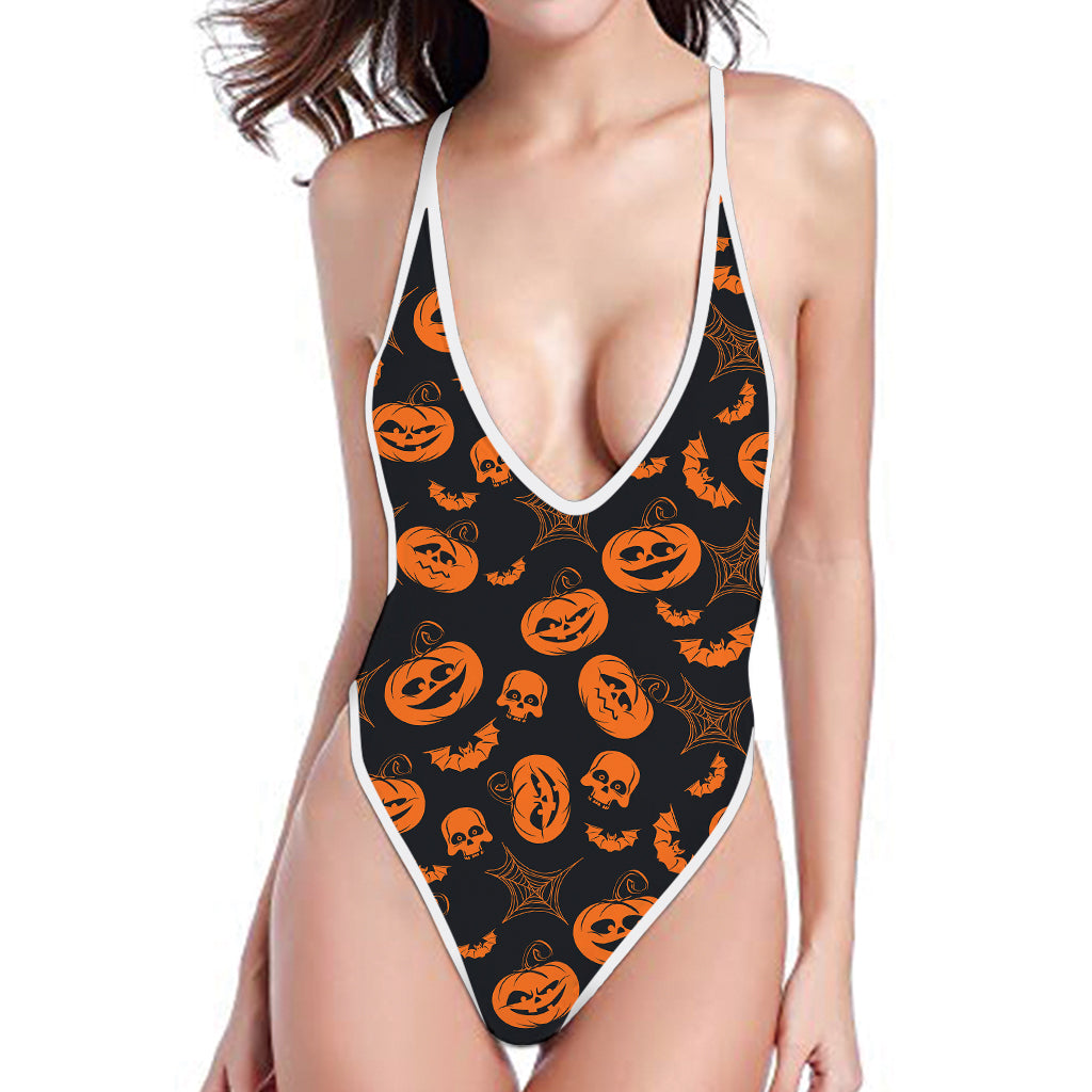 Halloween Pumpkin And Bat Pattern Print One Piece High Cut Swimsuit