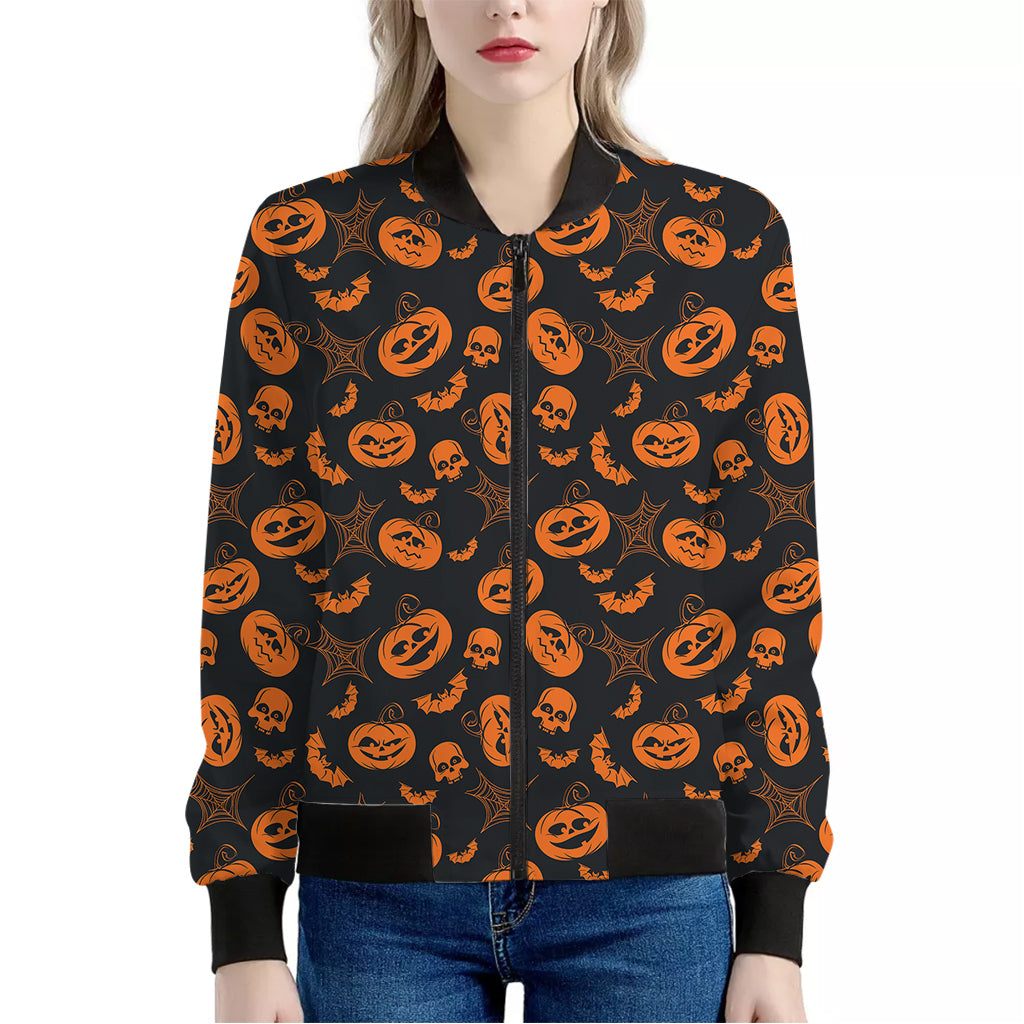 Halloween Pumpkin And Bat Pattern Print Women's Bomber Jacket