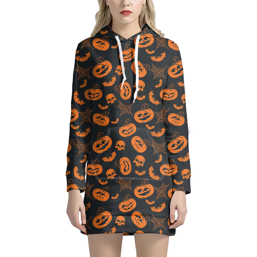 Halloween Pumpkin And Bat Pattern Print Women's Pullover Hoodie Dress