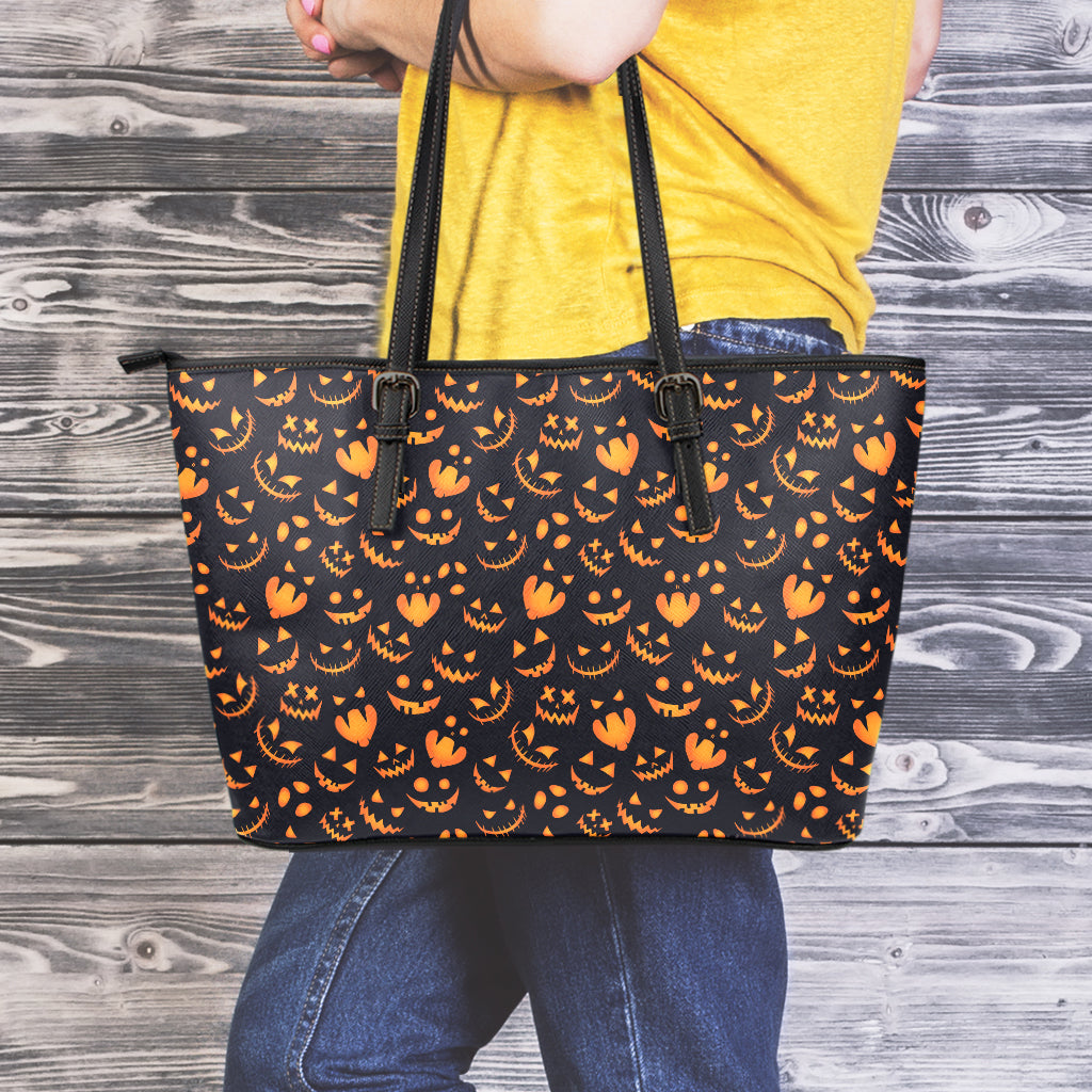 Halloween Pumpkin Faces Pattern Print Leather Tote Bag