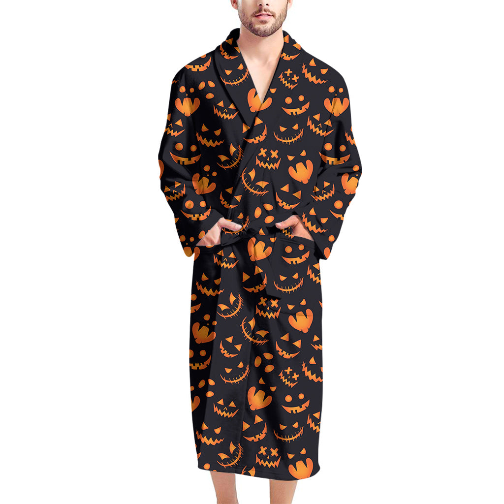 Halloween Pumpkin Faces Pattern Print Men's Bathrobe