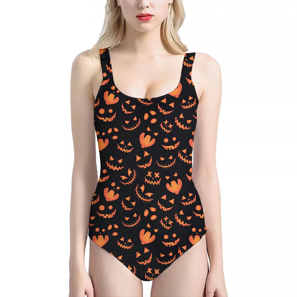 Halloween Pumpkin Faces Pattern Print One Piece Halter Neck Swimsuit