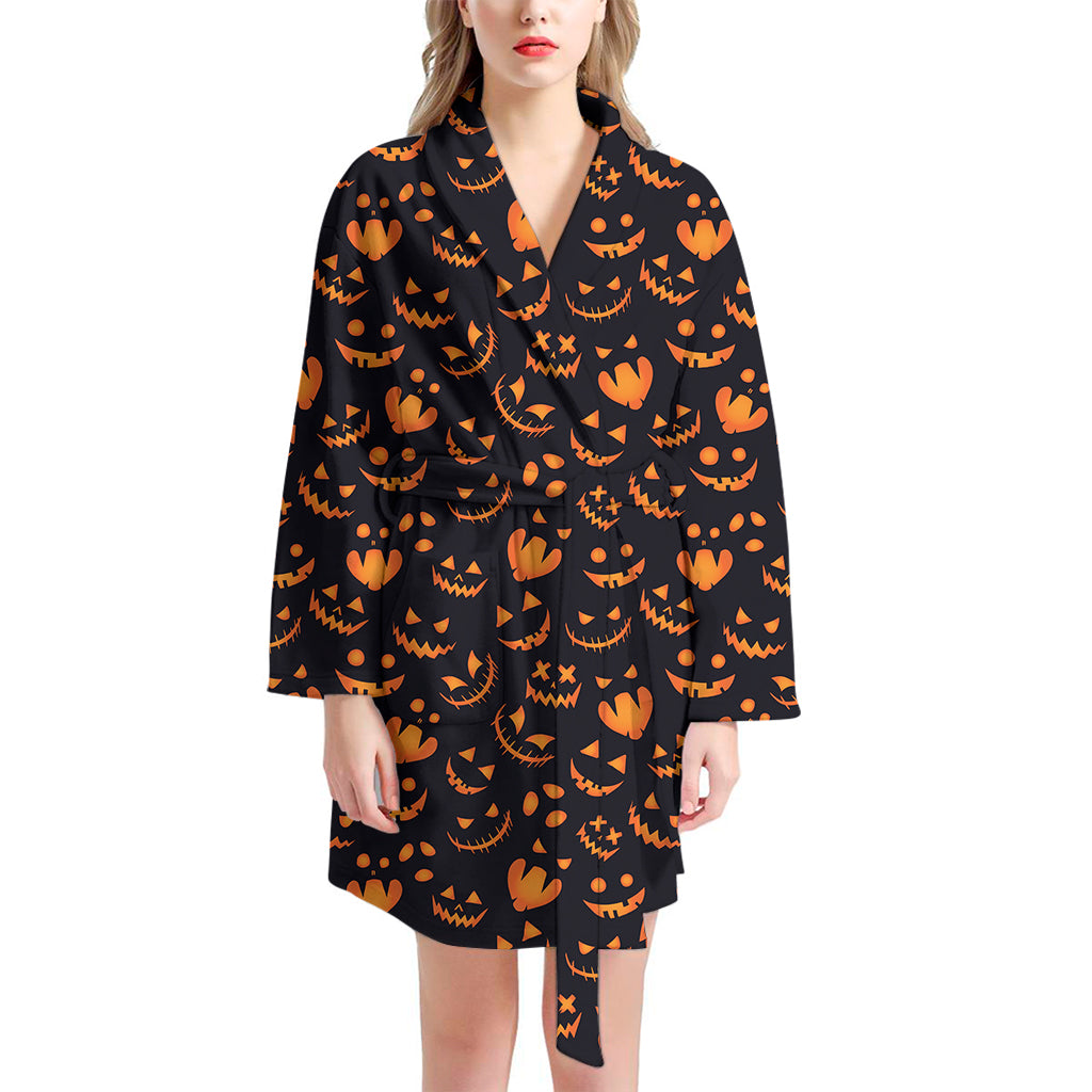 Halloween Pumpkin Faces Pattern Print Women's Bathrobe