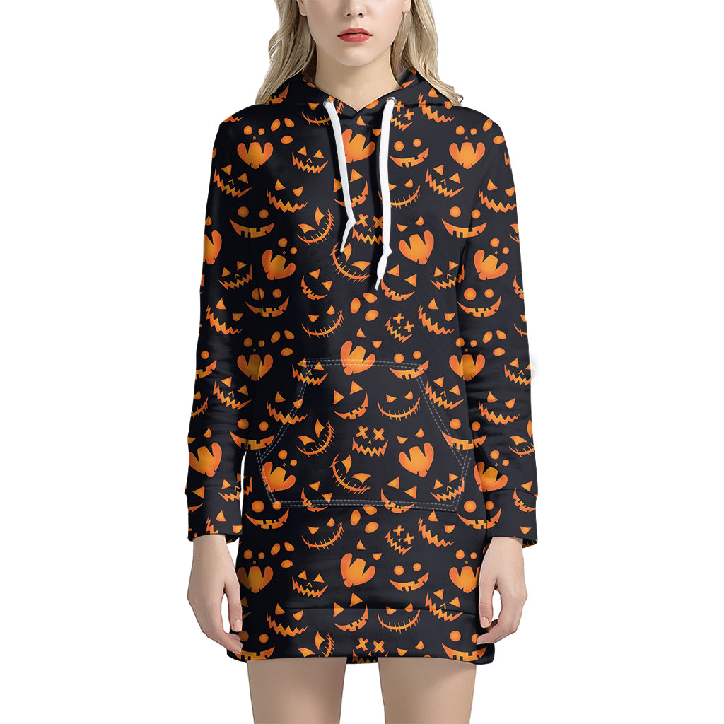 Halloween Pumpkin Faces Pattern Print Women's Pullover Hoodie Dress