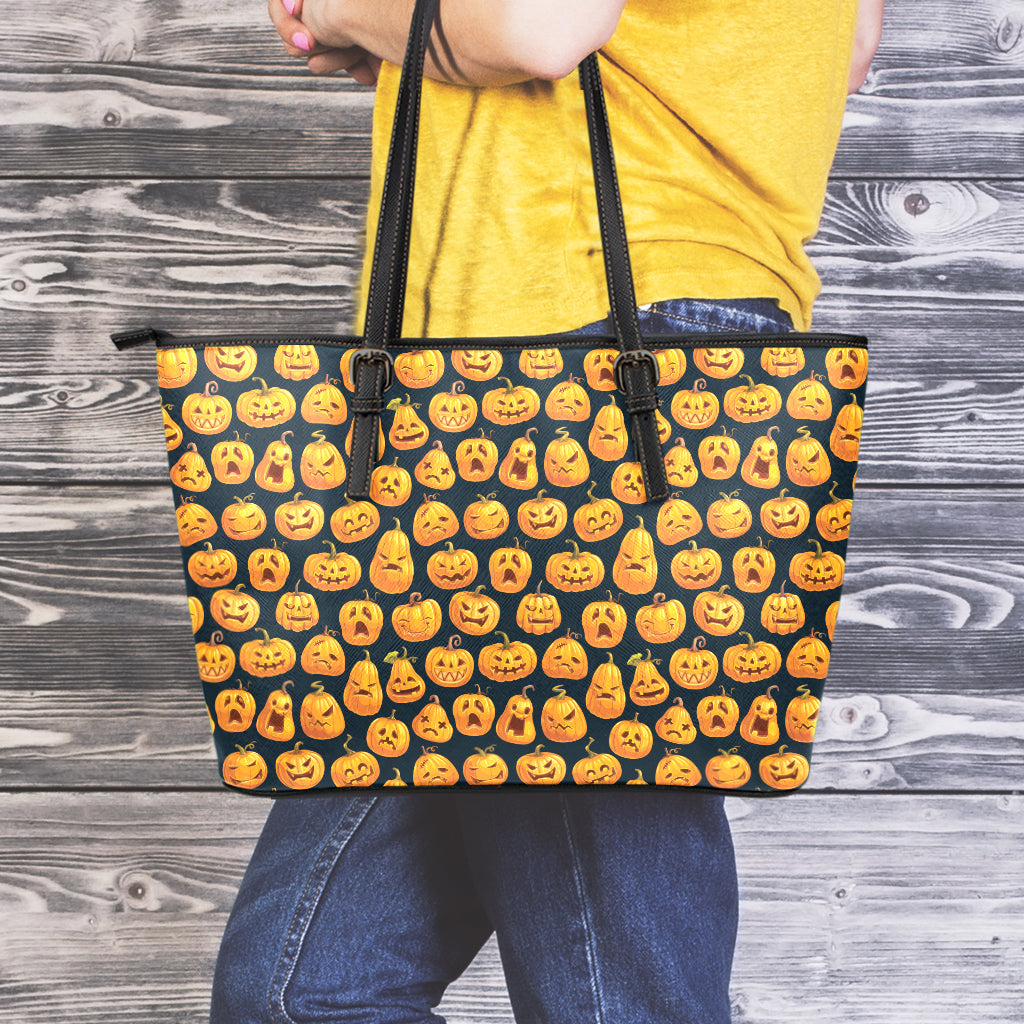 Halloween Pumpkin Jack-O'-Lantern Print Leather Tote Bag