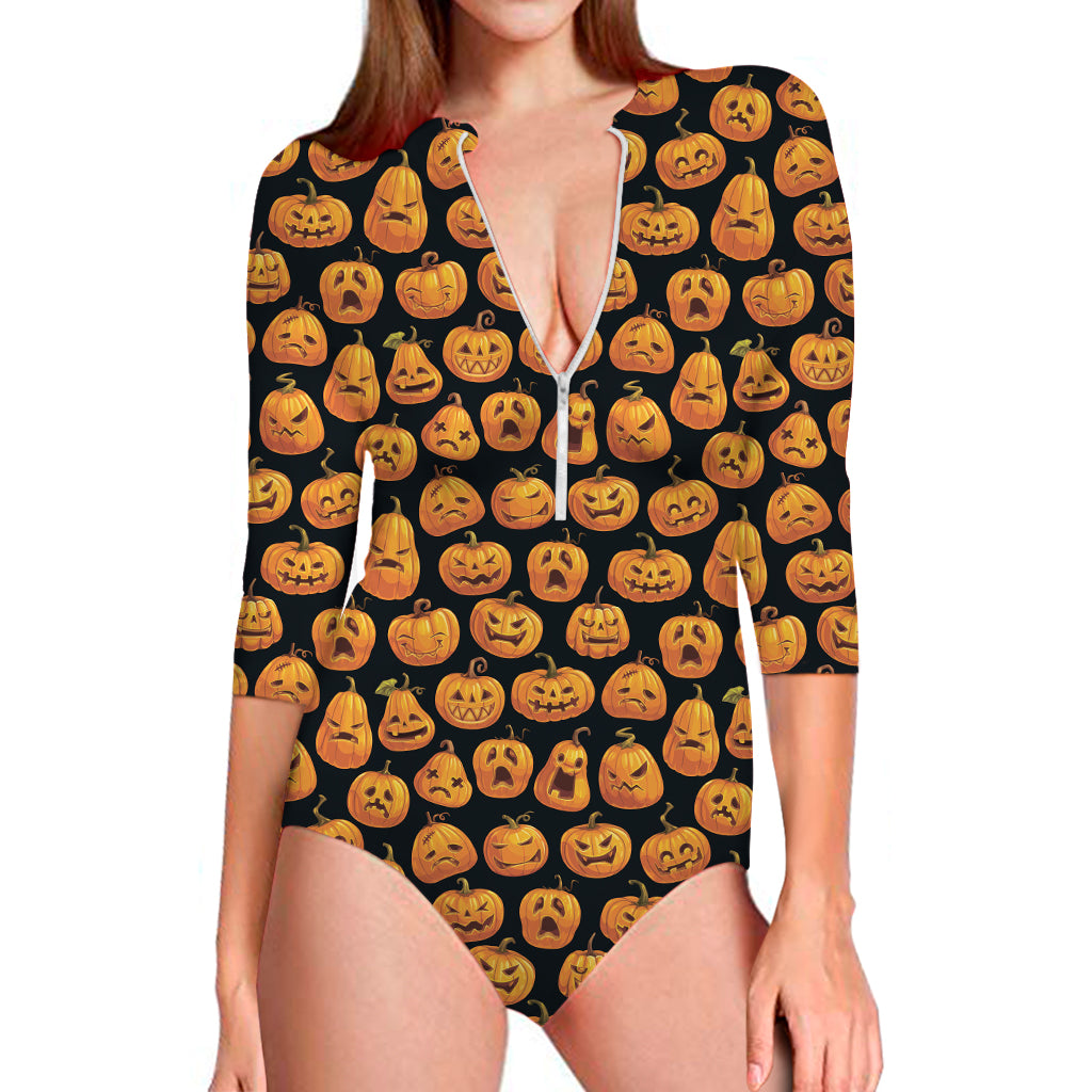 Halloween Pumpkin Jack-O'-Lantern Print Long Sleeve One Piece Swimsuit