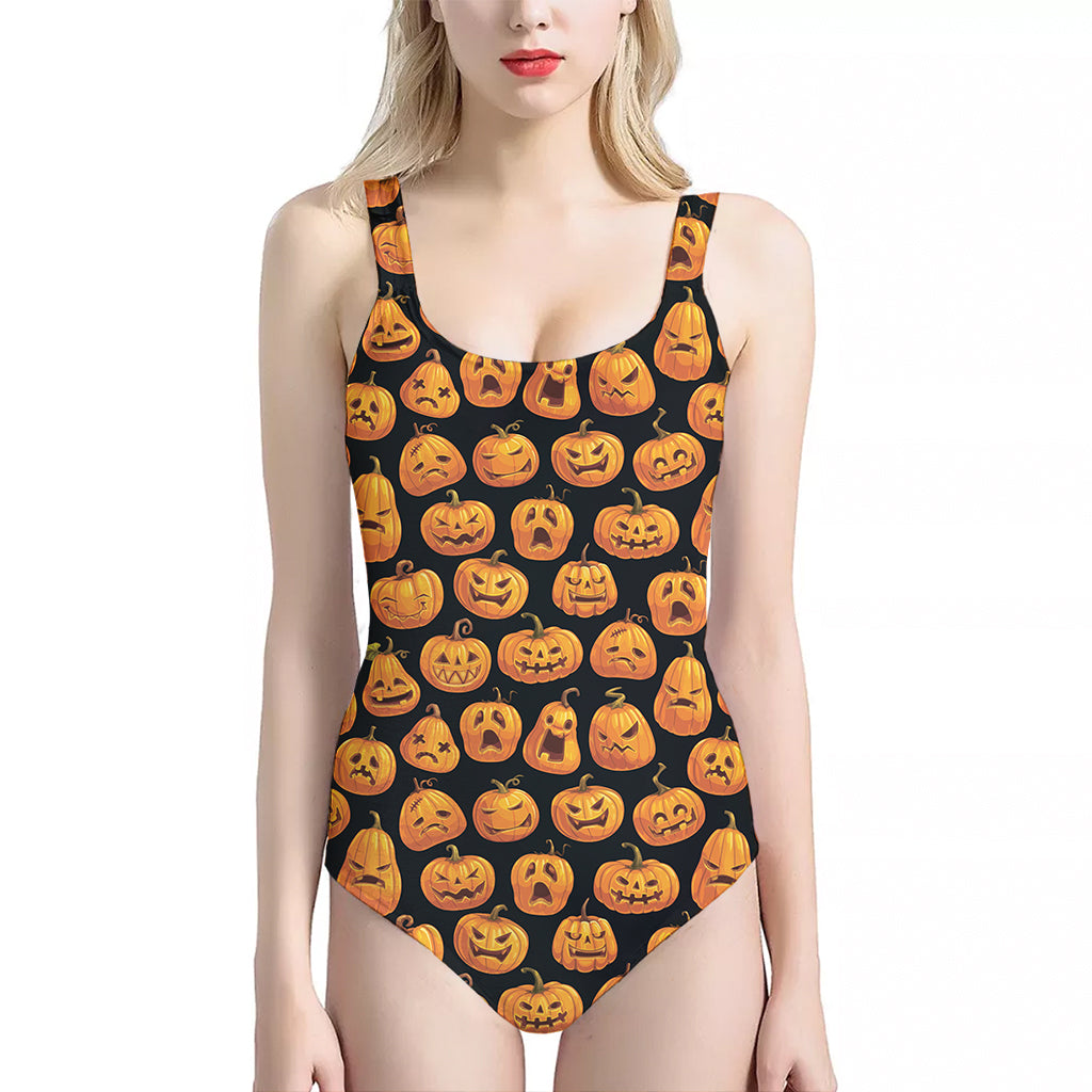 Halloween Pumpkin Jack-O'-Lantern Print One Piece Halter Neck Swimsuit