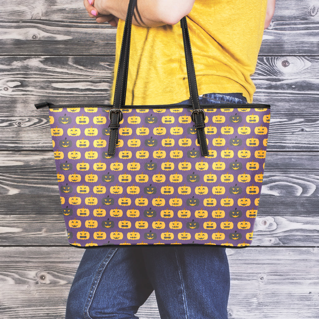 Halloween Pumpkin Pattern Print Leather Tote Bag