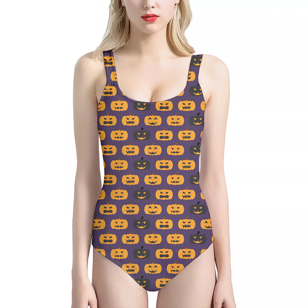 Halloween Pumpkin Pattern Print One Piece Halter Neck Swimsuit