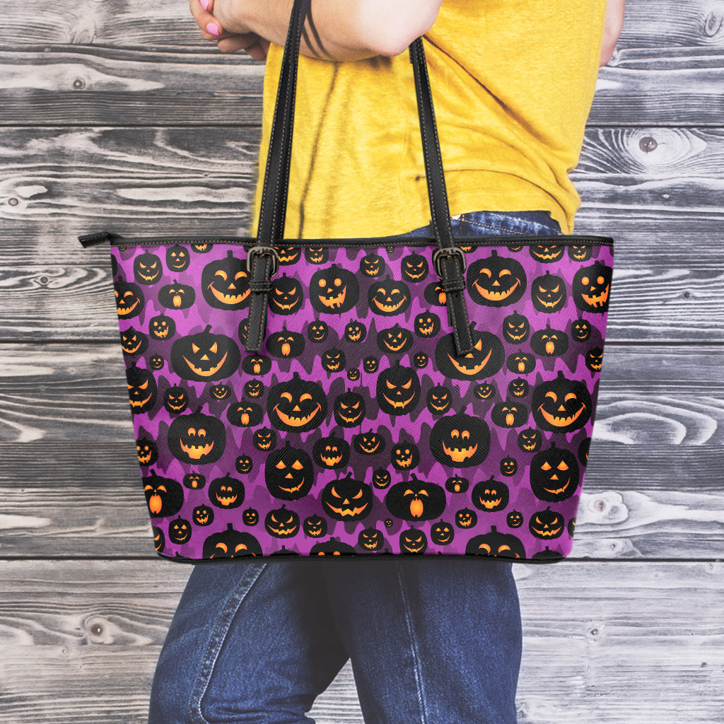 Halloween Pumpkin Smiley Faces Print Leather Tote Bag