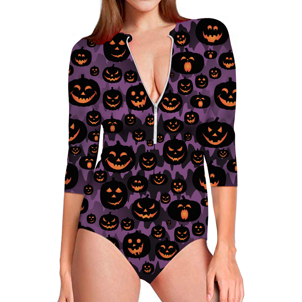 Halloween Pumpkin Smiley Faces Print Long Sleeve One Piece Swimsuit