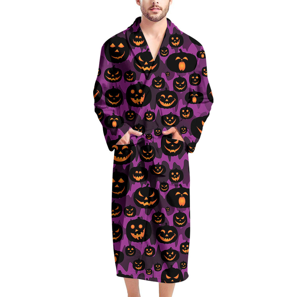 Halloween Pumpkin Smiley Faces Print Men's Bathrobe