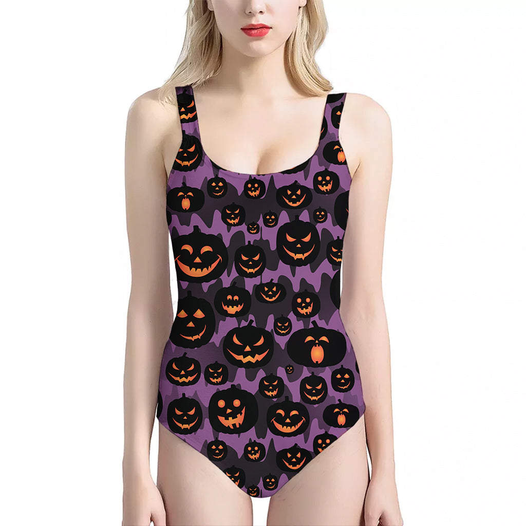 Halloween Pumpkin Smiley Faces Print One Piece Halter Neck Swimsuit