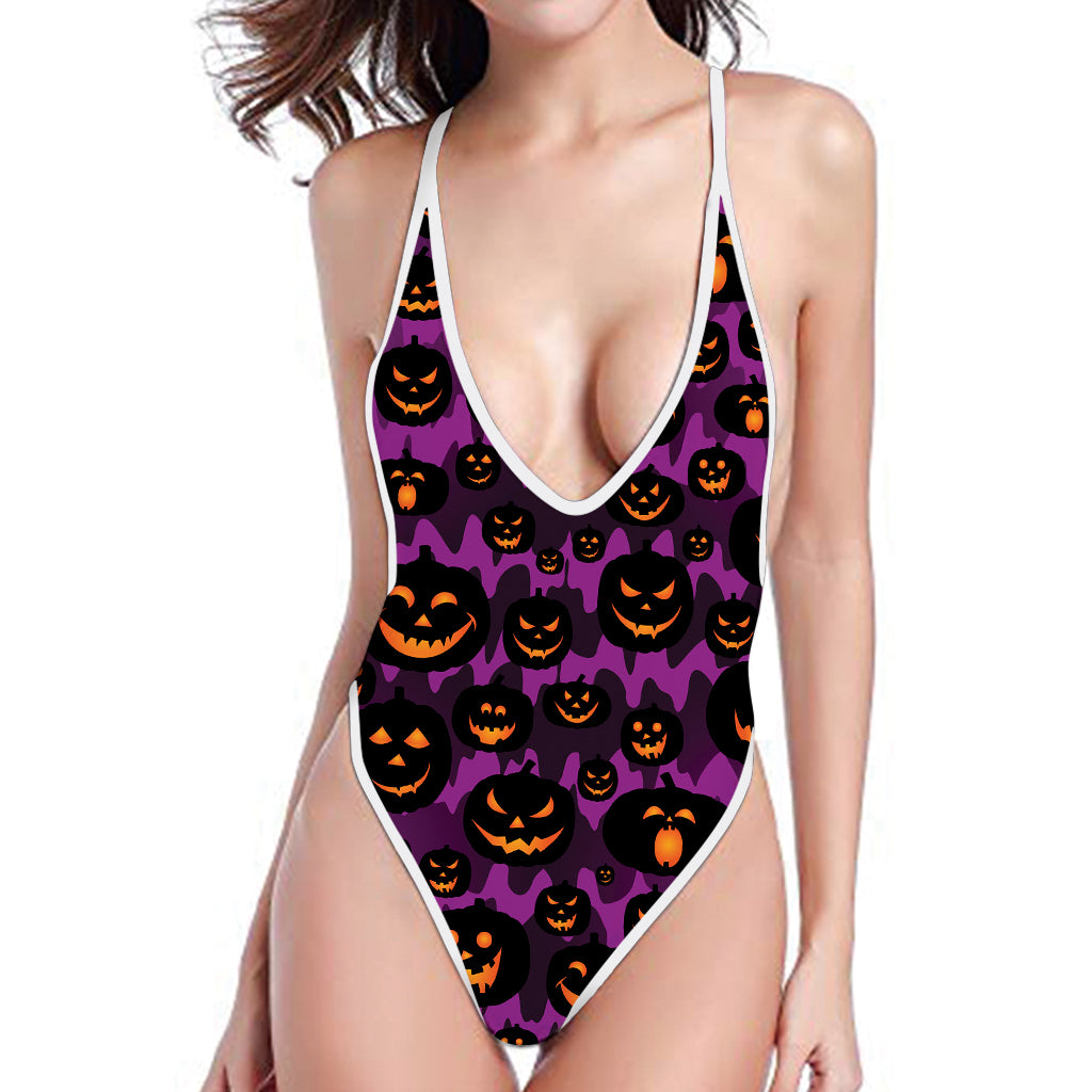 Halloween Pumpkin Smiley Faces Print One Piece High Cut Swimsuit