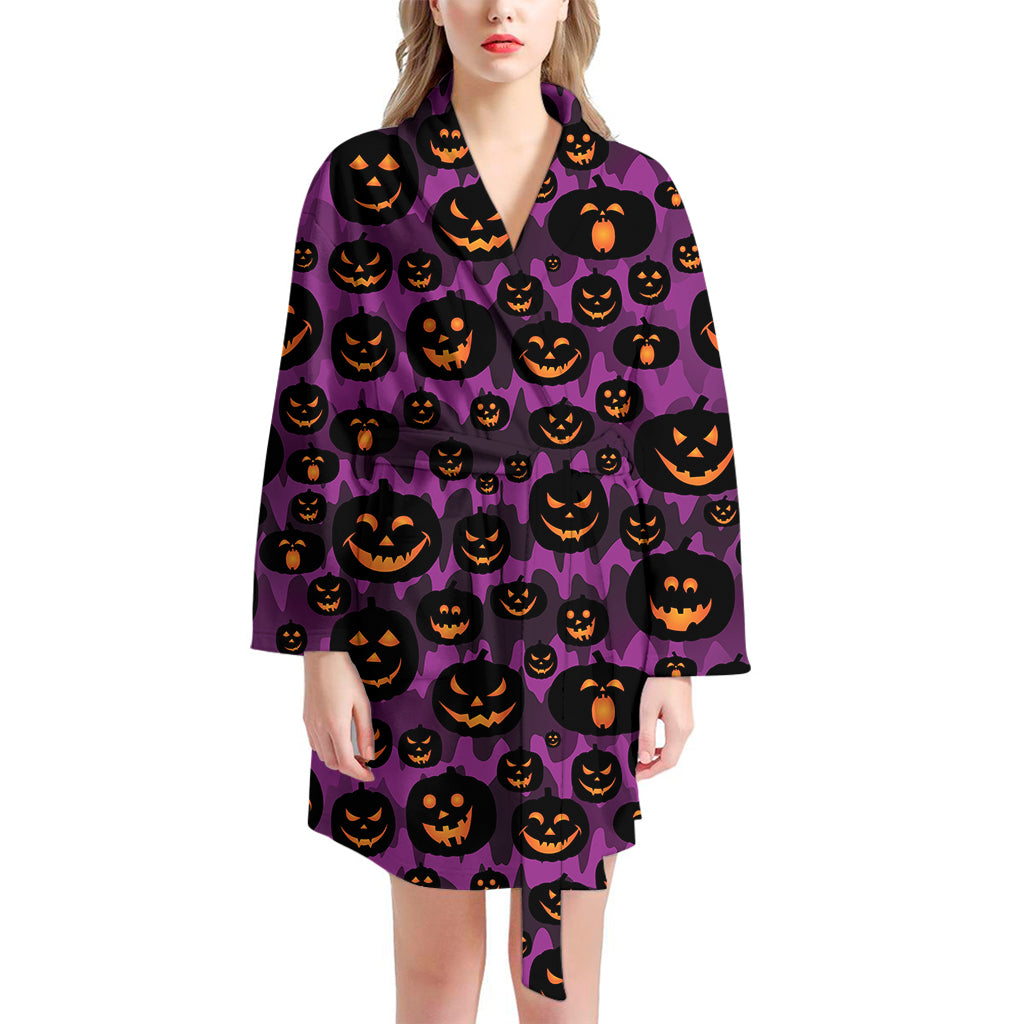 Halloween Pumpkin Smiley Faces Print Women's Bathrobe