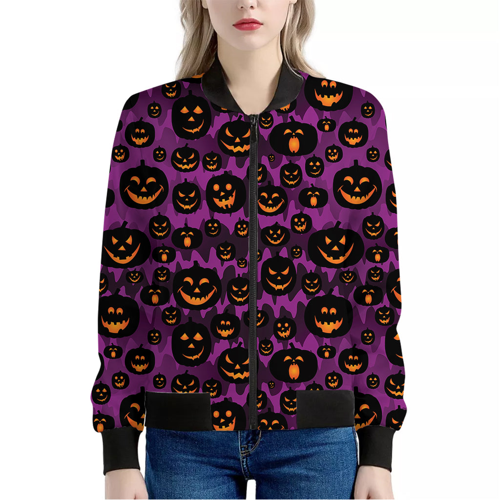 Halloween Pumpkin Smiley Faces Print Women's Bomber Jacket