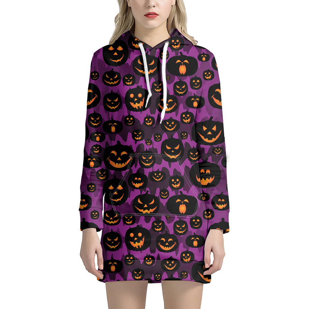 Halloween Pumpkin Smiley Faces Print Women's Pullover Hoodie Dress