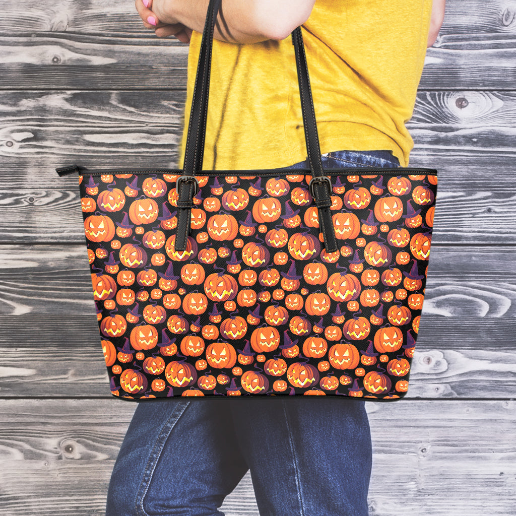 Halloween Pumpkin Witch Pattern Print Leather Tote Bag