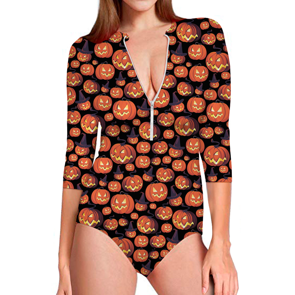 Halloween Pumpkin Witch Pattern Print Long Sleeve One Piece Swimsuit