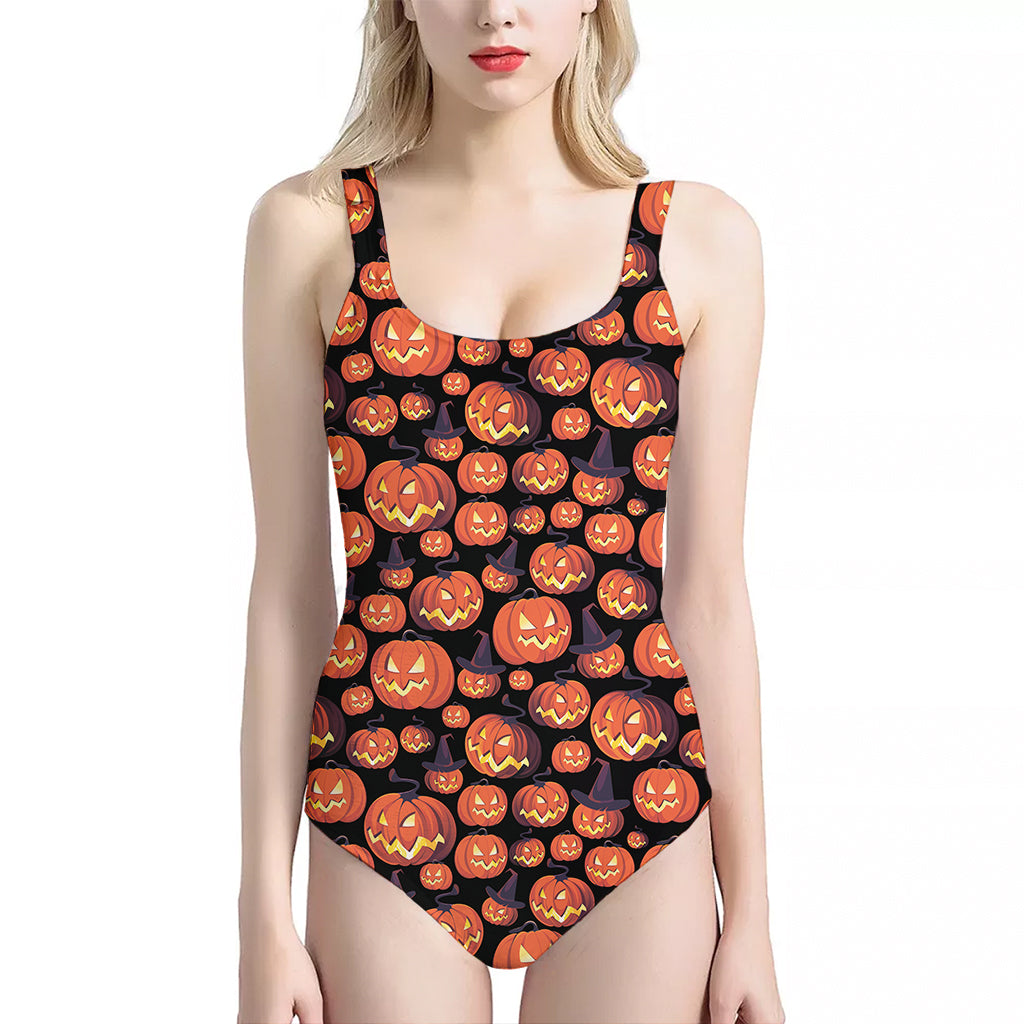 Halloween Pumpkin Witch Pattern Print One Piece Halter Neck Swimsuit