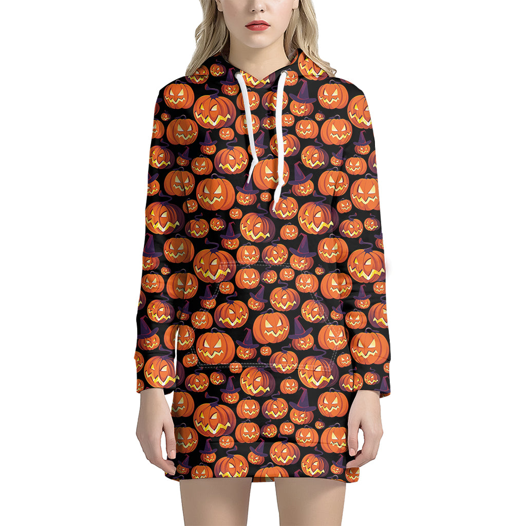 Halloween Pumpkin Witch Pattern Print Women's Pullover Hoodie Dress