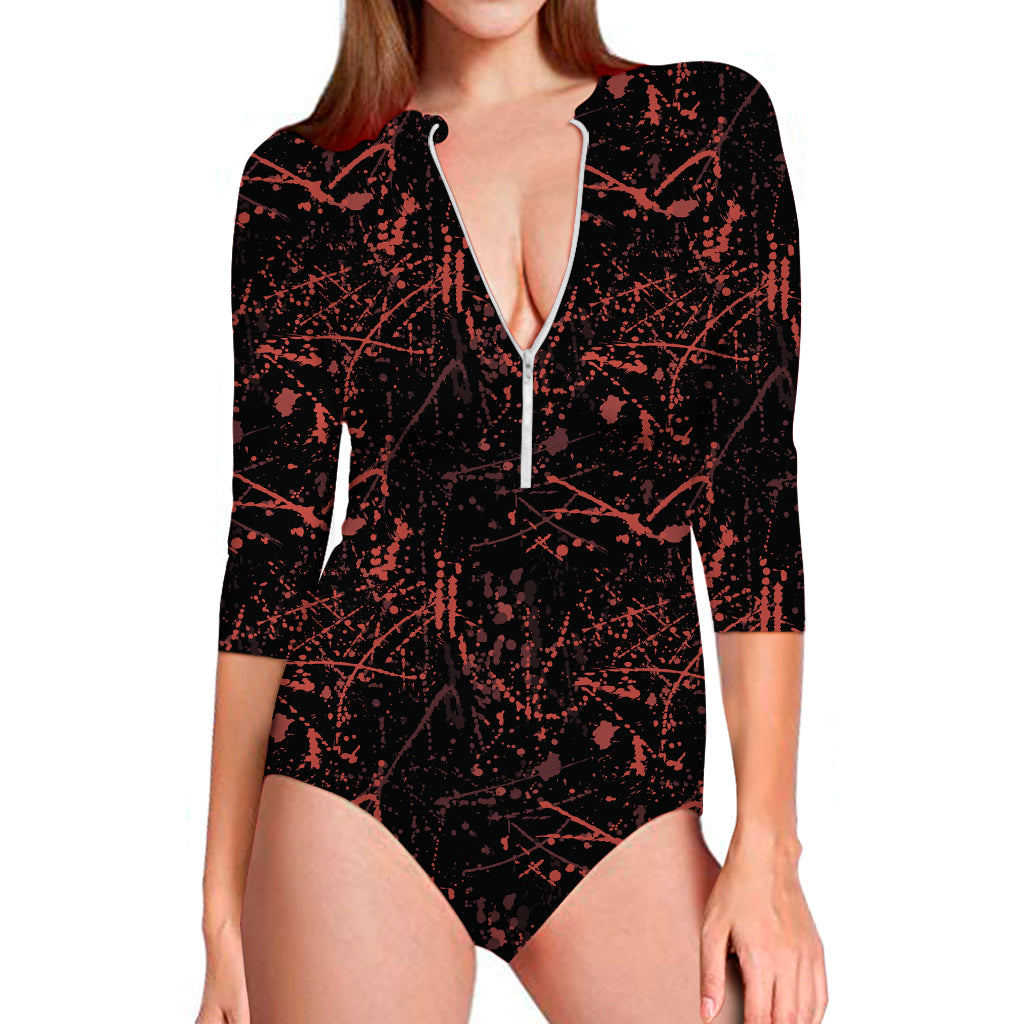 Halloween Red Blood Print Long Sleeve One Piece Swimsuit